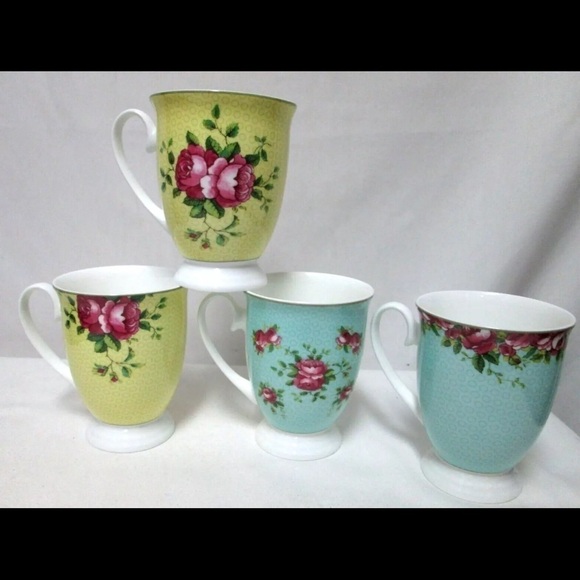 AYNSLEY Archive Rose footed Mugs Cups floral yellow blue Footed Fine China NEW - Picture 6 of 10